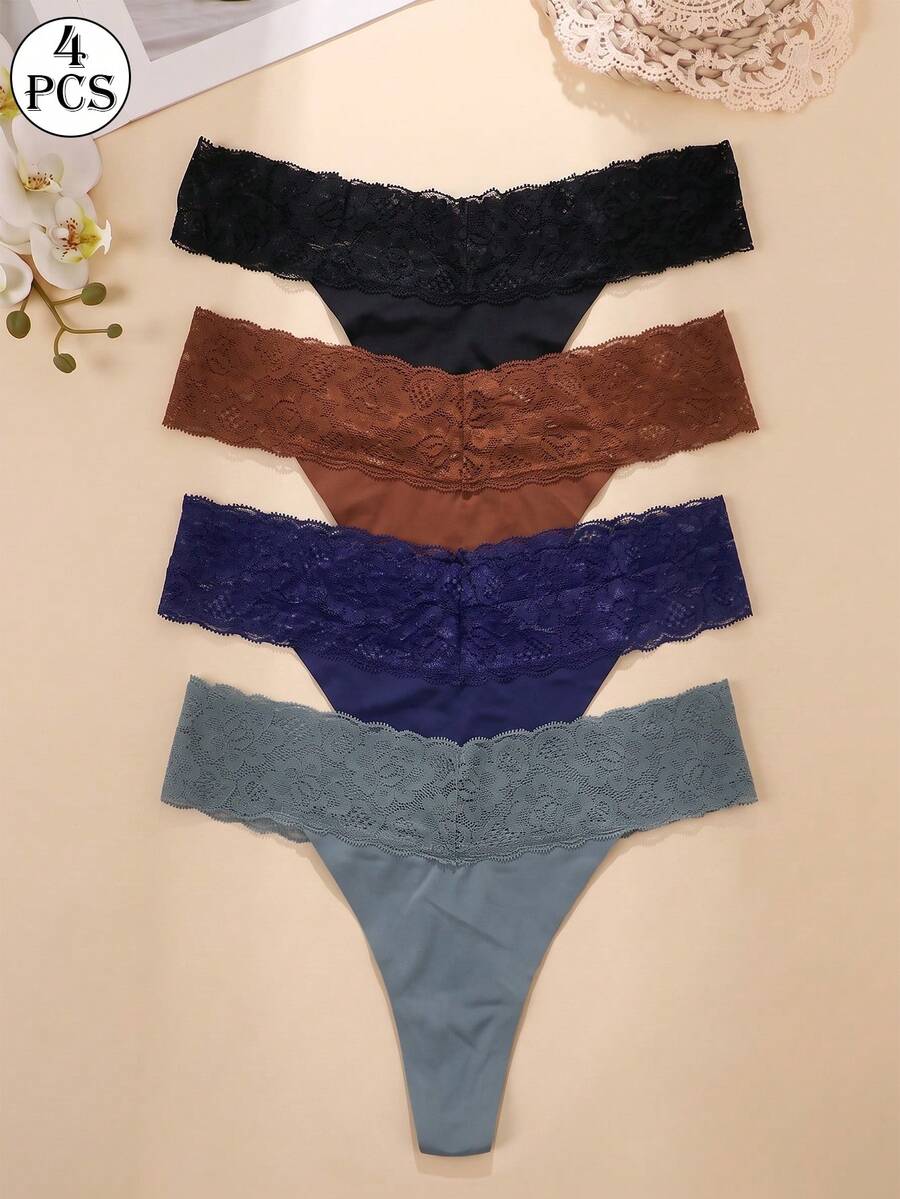 4pcs Sexy French Style Minimalist Sexy Lace Seamless Comfortable Breathable Women's Triangle Panties For Daily Wear, Commuting And Dating - Multicolor - View 1