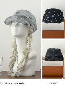 1 buah Topi Datar Motif Bintang Vintage yang Dicuci, Topi Wanita Ukuran Besar yang Nyaman untuk Kepala Lebar, - MultiWarna - View 5
