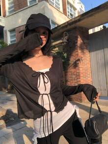 V-Neck Tie-Up Knit Cardigan For Women, Lightweight Loose Casual Short Jacket For Summer Black - Black - View 5