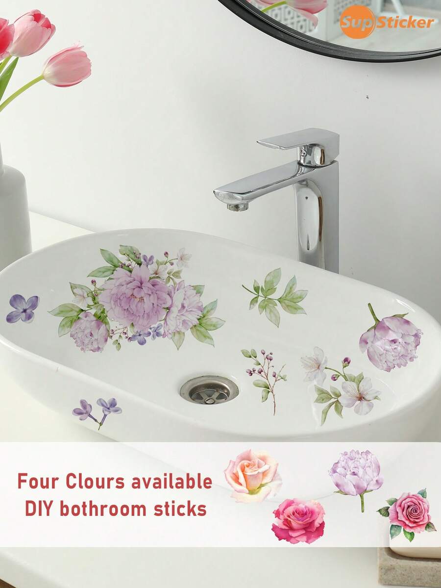 SUPSTICKER 1pc Fresh Floral Bathtub Sticker, PVC Waterproof Oil-Proof Removable Decal, 12.79x18.62 Inches, Suitable For Bathroom Sink Vanity - 1PC - View 1