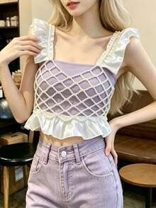 DEKUNER Sweet Ruffle Strap Pearl Beaded Mesh Crop Top, Hollow Grid Frill Hem Cami Overlay Cute Daily Layering Outfit - Beige - View 3