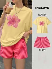 2 Playera Amarilla con Short Rayas Rojo con Rosa