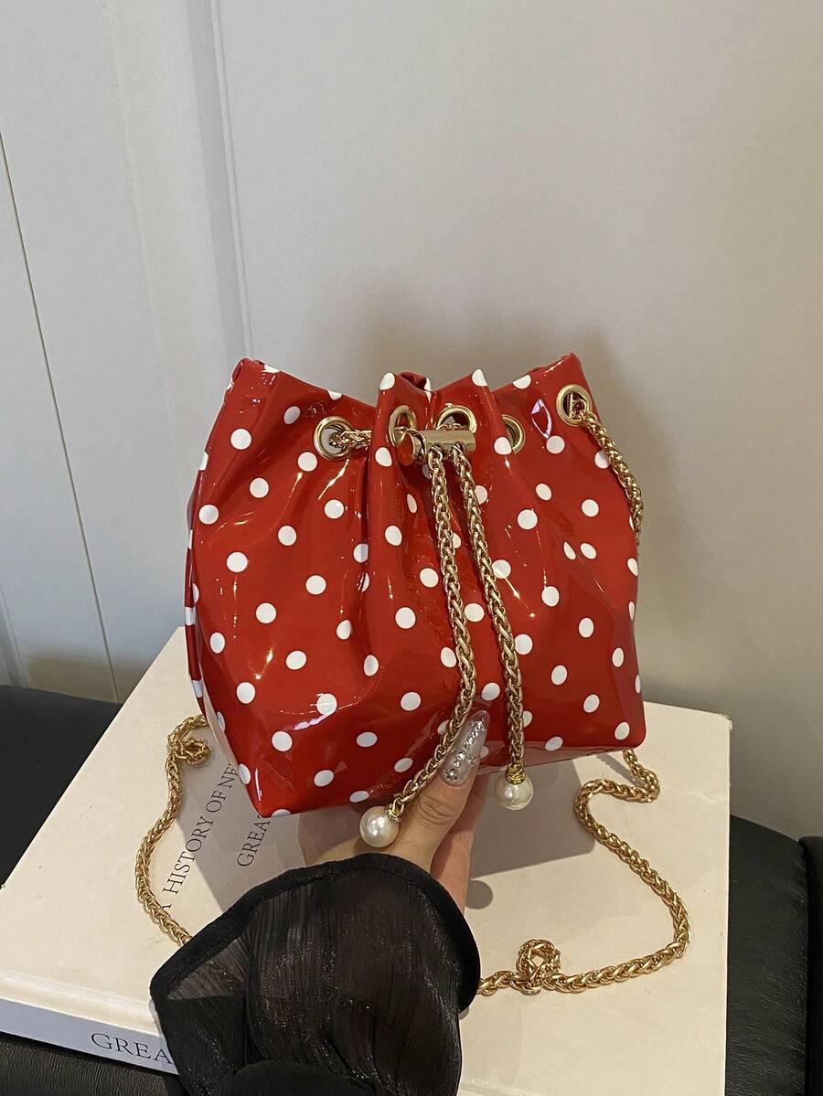 1pc Solid Color PU Drawstring Bucket Bag With Polka Dot Pattern Chain Crossbody Women's Fashion Shoulder Bag - Red - View 1