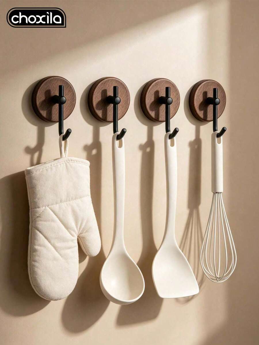 choxila 1/2/4pcs Simple Wooden Wall Hooks, Multi-Functional Adhesive Hooks, Waterproof & Durable, Strong Adhesion, Suitable For Hanging Towels, Clothes, Bath Balls, Etc., Ideal For Living Room, Kitchen, Bathroom - Brown - View 1