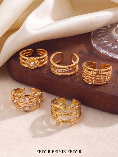 Elegant Multi-Layer Stackable Gold Rings With White Zirconia Inlay, 18K Gold Plated Adjustable Asymmetrical Women's Rings, Suitable For Girlfriend, Best Friend And Mother, Aesthetic Wedding, Vacation Exaggerated Jewelry, Party, Ball Accessories, Ideal Holiday, Birthday Gift Choice