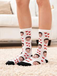 Personalized Custom Photo Crew Socks, Custom Face & Red Heart Pattern Mid Calf Socks, Creative Custom Gift For Men, Women And Lovers - Multicolor - View 3
