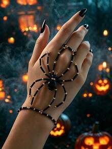 1pc Exquisite Creative Fashion Dark Style Handmade Beaded Spider Finger Bracelet, Gothic Style Halloween 3D Handmade Woven Seed Bead Spider Finger Bracelet Suitable For Halloween Party Wear (Pure Handmade Woven Seed Bead Quantity, Color And Position Random) - Black - View 2