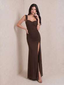 PARTHEA Women Elegant Brown Ruched Mesh Maxi Dress, Sweetheart Neck Wide Strap High Slit Backless - Brown - View 5