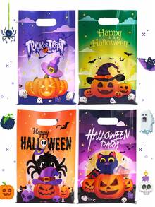 20/50pcs Halloween Plastic Gift Bags, Ghost Bat Pumpkin Print With Handle Candy Bags, Game Theme Party Boys Girls Halloween Supplies - Multicolor - View 8