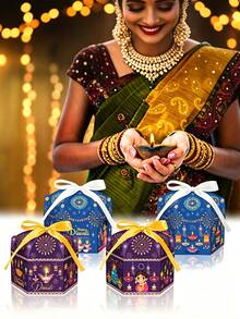 12/8pcs Diwali Party Oil Lamp, Fireworks Pattern Gift Boxes, Blue And Purple Hexagonal Gift Boxes With Yellow And White Dual-Color Ribbons, Diwali Party Decoration Boxes, Theme Party DIY Gift Boxes, Suitable For Diwali Celebration Decoration, Party Decoration, Birthday Party And Various Celebration Activities. - View 7