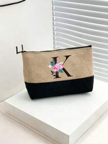 亞麻色塊拉鍊化妝包，印花花卉 A-Z 字母圖案，大容量拉鍊收納包，印花托特包，適合作為最佳教師禮物，可重複使用拉鍊包，女士簡約大容量旅行化妝包，多功能便攜女士禮物，旅行、返校、教師禮物、家居禮物、返校季禮物 - 彩色 - 查看 8
