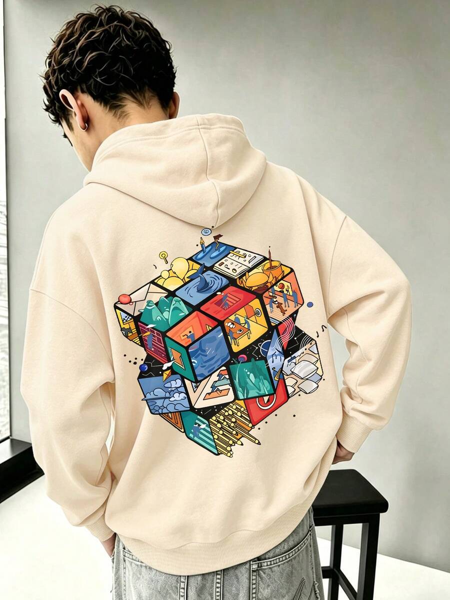 Street Art Style Big Boys Hooded Sweatshirt, 3D Cube Multi-Scene Graffiti Back Print, Soft Autumn/Winter Campus Top - Apricot - View 1