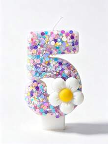 1 pieza Vela numérica de 0 a 9 con cristal púrpura y margarita blanca, decoración de pastel para fiesta de cumpleaños - Morado - Ver 2