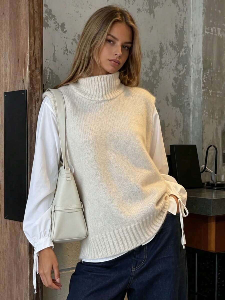 Casual Round Neck Single-Breasted Floral Gray Knitted Vest, Women's Versatile Layering Ribbed Sleeveless Cardigan Tank Top - Apricot - View 1