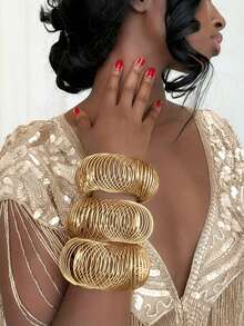 1pc Fashionable Personalized Exaggerated Spring Retractable Bracelet, Hollow Cuff Bracelet, Party Accessory - Gold - View 6