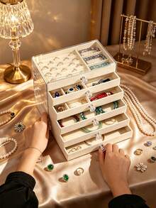 1 buah Kotak Penyimpanan Perhiasan Akrilik Mewah Berlapis-lapis, Tutup Transparan Anti Debu dengan Kompartemen Berbulu, Organizer Rias Rumah untuk Anting, Cincin, Kalung, dan Aksesoris - MultiWarna - View 1