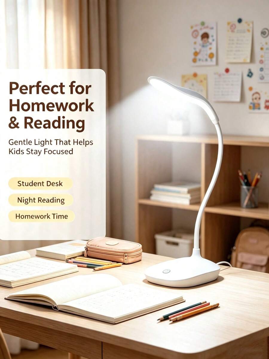 1 pieza Lámpara de escritorio LED con control táctil de 3 colores y protección ocular, flexible y plegable, de doble uso para dormitorio, estudio y mesita de noche, lámpara de escritorio pequeña con luz suave, iluminación de protección ocular para lectura y escritura de estudiantes, lámpara de escritorio recargable por USB ajustable y plegable - Blanco - Ver 1