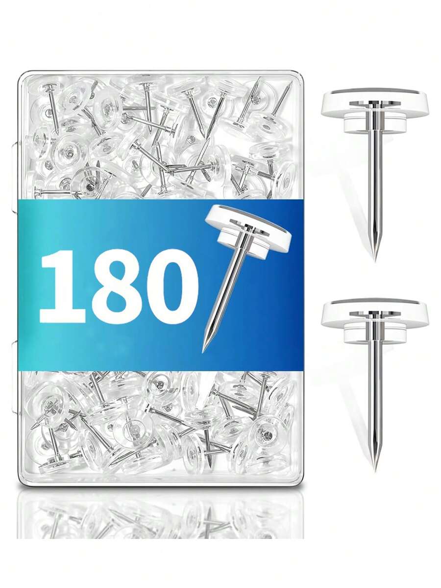 180PCS Clear Thumb Tacks For Wall Push Pins For Wall Thumbtacks For Hanging | Flat Tacs For Wall For Bulletin Board For Shadow Box Display - A - View 1