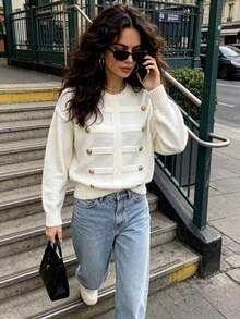 女款秋冬時尚極簡金屬鈕扣設計套頭毛衣，休閒寬鬆百搭慵懶針織上衣，白色秋季風格 - 白色 - 查看 7