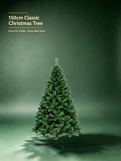 Árbol de Navidad Clásico Verde de 150cm, Ramas de Pino Densas de PVC Ignífugas, Soporte de Metal Plegable y Resistente, Fácil Montaje Decoración Navideña Interior para Hogar y Fiesta