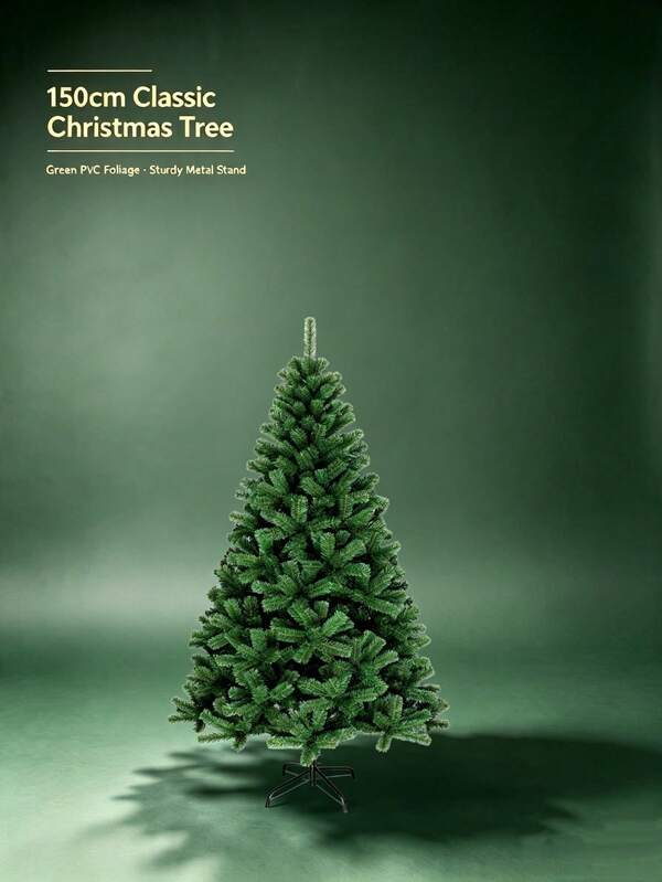 Árbol de Navidad Clásico Verde de 150cm, Ramas de Pino Densas de PVC Ignífugas, Soporte de Metal Plegable y Resistente, Fácil Montaje Decoración Navideña Interior para Hogar y Fiesta