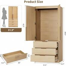 70 Inch Wooden Wardrobe Armoire Bedroom Storage Cabinet Freestanding Closet With Three Drawers Hanging Rod Adjustable Shelves Large Capacity Furniture Natural Oak - Natural - View 3