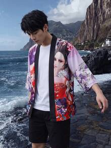 男士和服式開襟印花休閒襯衫，可機洗 - 紫色 - 查看 3
