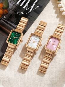 JUSMI Fashionable Pink Rectangular Watch With Gold Chain Strap, Crystal Dial, Ideal Gift For Girlfriend Graduation, Wedding, Anniversary - Pink - View 1