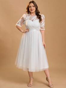 Plus Size Women's Solid Color Conservative Casual Mesh Applique Wedding Dress, Suitable For Wedding Events, Bachelorette Party, Bridal Shower, Brunch, Engagement, Honeymoon, Reception, Rehearsal, Spring/Autumn - White - View 3