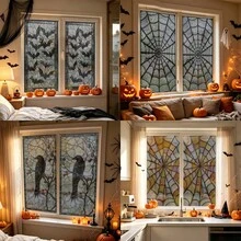 1/4pcs Halloween Stained Frosted Glass Static Window Films. Flying Bat, Black Spider Web Pattern Design Gothic Retro Removable Vinyl Privacy Stickers. Perfect For Spooky Halloween Festive Party Home Decor. - Multicolor - View 1