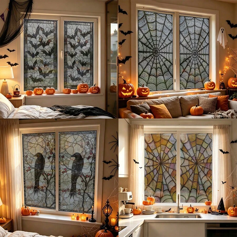 1/4pcs Halloween Stained Frosted Glass Static Window Films. Flying Bat, Black Spider Web Pattern Design Gothic Retro Removable Vinyl Privacy Stickers. Perfect For Spooky Halloween Festive Party Home Decor. - Multicolor - View 1