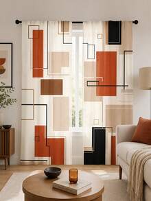 2pcs Creative Geometric Cube Digital Print, Multi-Color Palette, Minimalist Modern Style, Suitable For Bedroom, Living Room, Rental Home Decor, Semi-Sheer, Rod Pocket Installation - Multi-color C - View 8