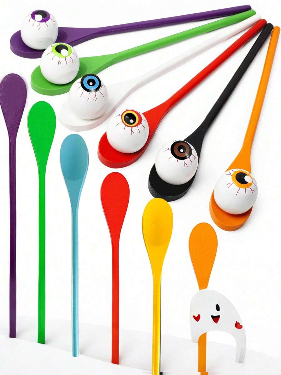 12/2pcs Halloween Eyeball Spoon Relay Game Set, Halloween Spoon Eyeball Decoration, Suitable For Halloween Party Game Props Decoration, Indoor/Outdoor Party Supplies Decoration, Halloween Decoration Supplies, Halloween Gifts, Halloween Party Supplies, Trick Or Treat Decoration - Halloween - View 1