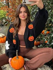 Cardigan Rajut Pendek Longgar Bordir & Hantu Halloween Wanita, Sweater Musim Gugur/Dingin, Gaya Kasual Nyaman Serbaguna untuk Musim Gugur - MultiWarna - View 1