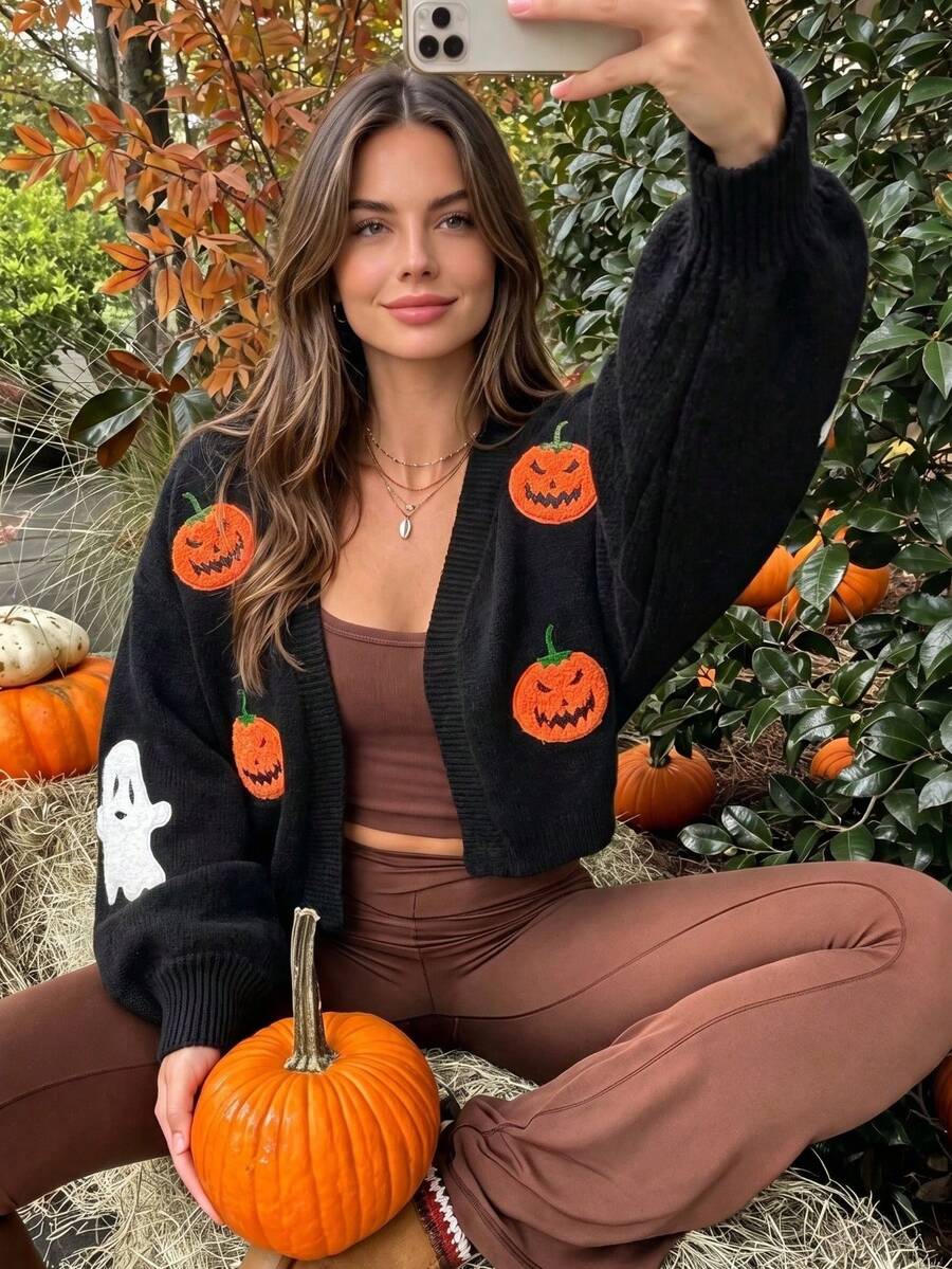 Cardigan Rajut Pendek Longgar Bordir & Hantu Halloween Wanita, Sweater Musim Gugur/Dingin, Gaya Kasual Nyaman Serbaguna untuk Musim Gugur - MultiWarna - View 1