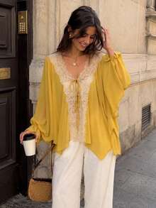Lace Top Spring Summer Tops For Women Vacation Outfits Fall Bishop Sleeve Shirts Classy Yellow Shirt Women's Tops Old Money Style Blouses Loose Top - Ginger - View 1