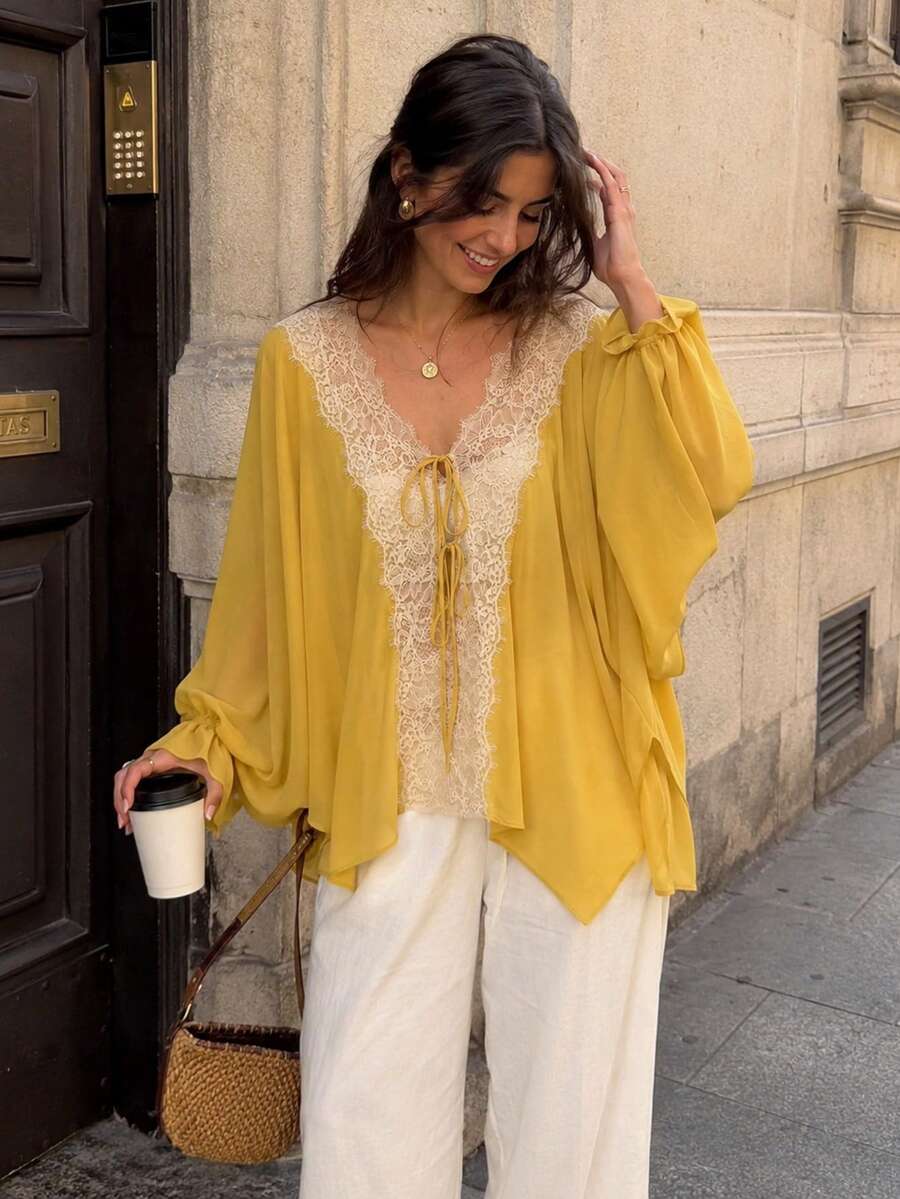 Lace Top Spring Summer Tops For Women Vacation Outfits Fall Bishop Sleeve Shirts Classy Yellow Shirt Women's Tops Old Money Style Blouses Loose Top - Ginger - View 1