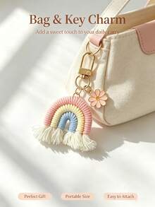 1pc Pink Woven Rainbow Daisy Flower Tassel Keychain Key Chain, Suitable For Wallet, Handbag And Other Bags Decoration Pendant, Perfect For Gift - Multicolor - View 2