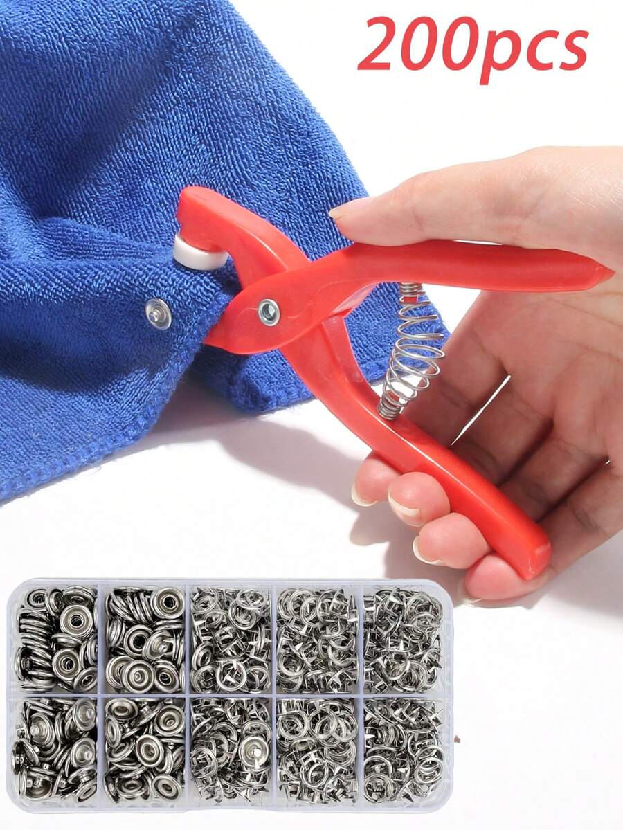200pcs 5-Claw Metal Snap Fastener Complete Tool Set With Manual Installation Pliers + Metal Snap Fasteners + Storage Box, DIY Handmade Accessories For Clothing, Bags, Hats, Beginner Gift - Multiple Styles - View 1