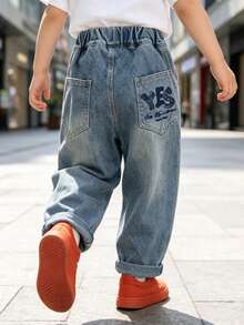 Young Boy Casual Fashion Street Style Daily Commute Versatile Elastic Waist Letter Print Washed Tapered Leg Jeans - Baby Blue - View 1