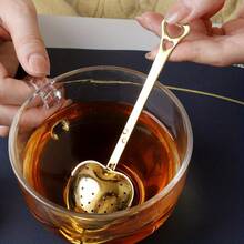 1件/5件 不鏽鋼金色心形長柄茶濾網－可重複使用香草與香料過濾器，多功能攪拌茶匙附細網濾網，適用於散裝葉茶，居家與辦公室使用完美選擇 - - - 查看 5