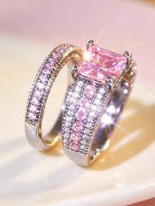 Yayi jewelry 2PCS Women's Princess Square Double-Row Sparkling Rings, Wide Main Ring Paired With Double-Layer Thin Rings, Luxury Style Stackable Rings, Bridal Wedding Rings With Novel Design, Young Girl Engagement Anniversary Gift - Pink - View 1