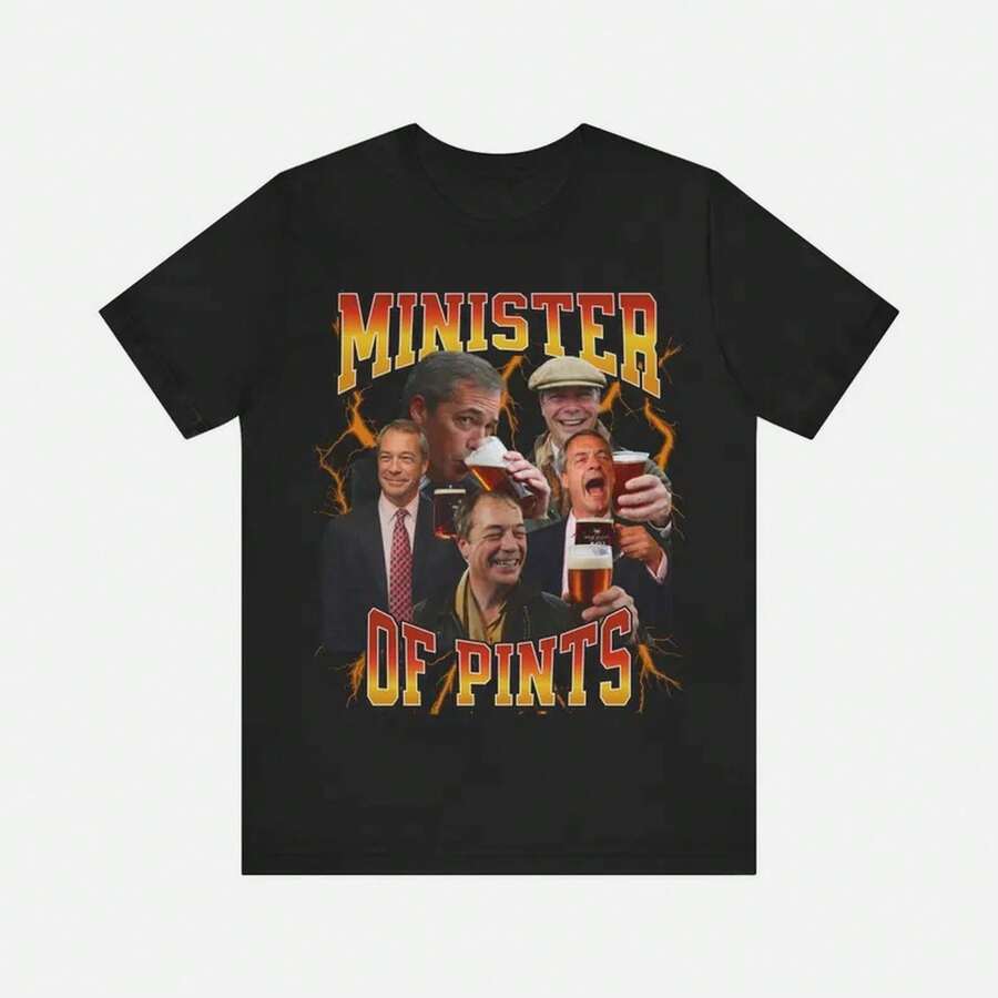 Camiseta Política Divertida de Nigel Farage, Ministro de las Cervezas: Camiseta Estilo Arcade Vintage - Negro - Ver 1