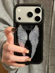 Korean Style Premium Diamond Texture Angel Wings Phone Case Compatible With Apple 17 Pro Max, 16 New 17, 15, 17 Pro, Anti-Drop Protective Cover, Creative Unisex Design - Black - View 2