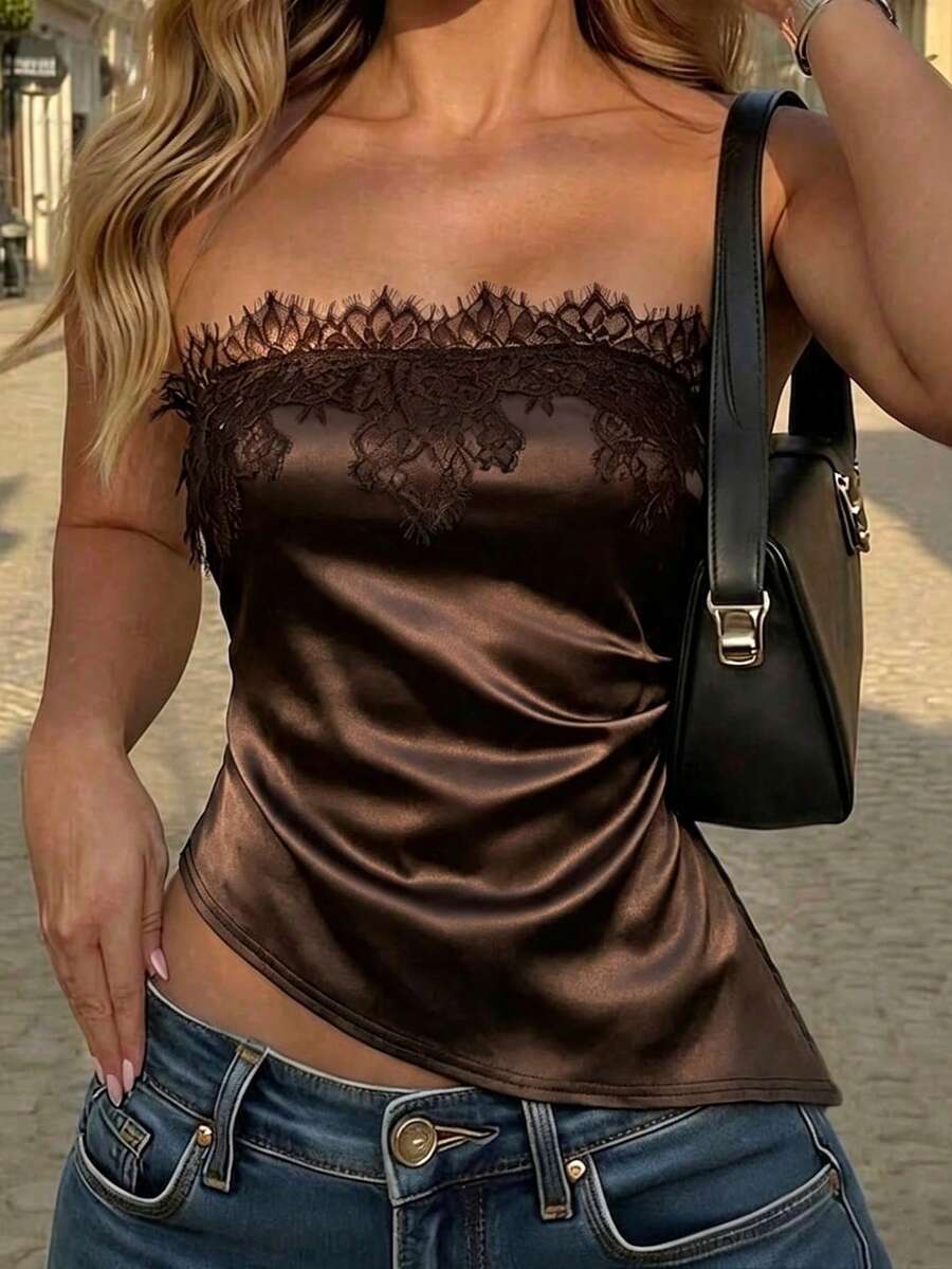 Women's Solid Color Sleeveless Bandeau Lace Patchwork Top, Black Vacation Top, Sexy Women's Top Summer - Brown - View 1