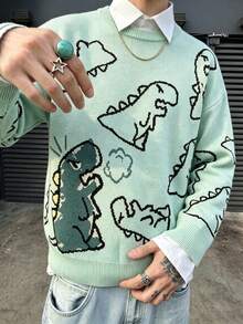 ANDREILEE Sweater Unisex Motif Kartun Dinosaurus Lucu Gaya Jalanan Modis Kasual untuk Perjalanan Sehari-hari Serbaguna Leher Bulat Longgar Lengan Panjang Rajut Bergaris Atasan Pullover - Mint Green - View 1