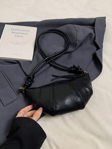1pc Pleated Soft Leather Fan-Shaped Underarm Bag, Multi-Panel Patchwork Stitching, Dual-Side Rope Knot Adjustable Spaghetti Strap, Zipper Closure, Minimalist Crossbody Small Bag - Black - View 3