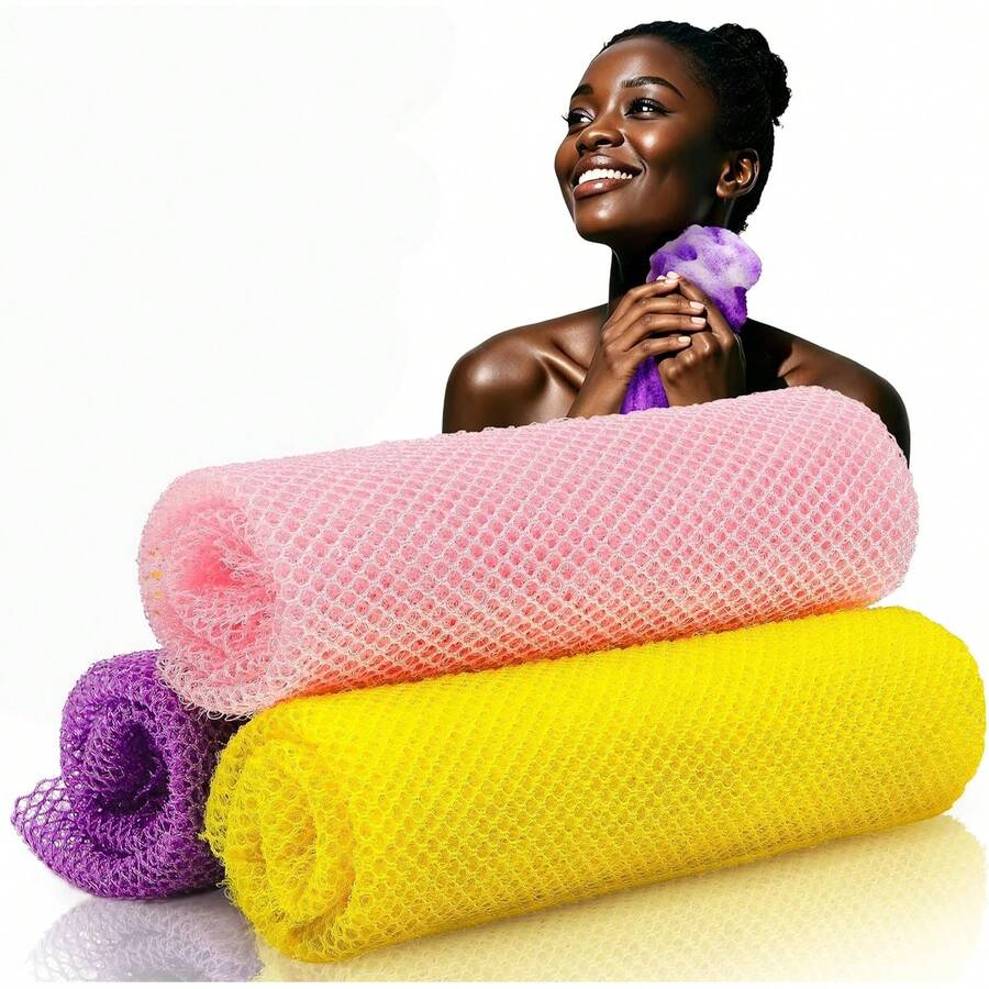 3 Pieces African Bath Sponge African Net Long Net Bath Sponge Exfoliating Shower Body Scrubber Back Scrubber Skin Smoother,Great For Daily Use (Pink,Yellow,Purple) - Multicolor - View 1