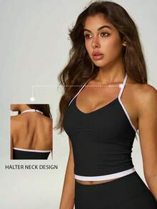 UONNOU 1pc Women's All-Season Spaghetti Strap Camisole, Shaping, Adjustable Straps, Removable Padding, Sporty Style, Black, Summer - Black - View 4