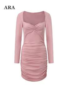 ARA CHIC Women's Sweetheart Neckline Long Sleeve Fitted Mini Dress, Side Ruched Slim Fit, Autumn Party Nightclub Dress - Pink - View 8
